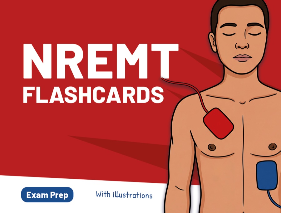 EMT Index NREMT Exam Flashcards: front of the deck showing illustrated AED pad placement